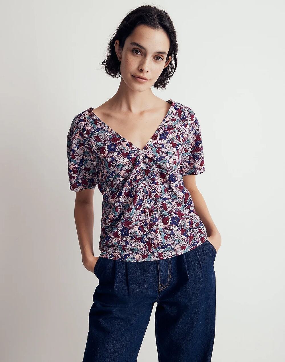 Madewell Puff Sleeve Top Mini Floral Seersucker V Neck Side Zip Short Sleeve 00